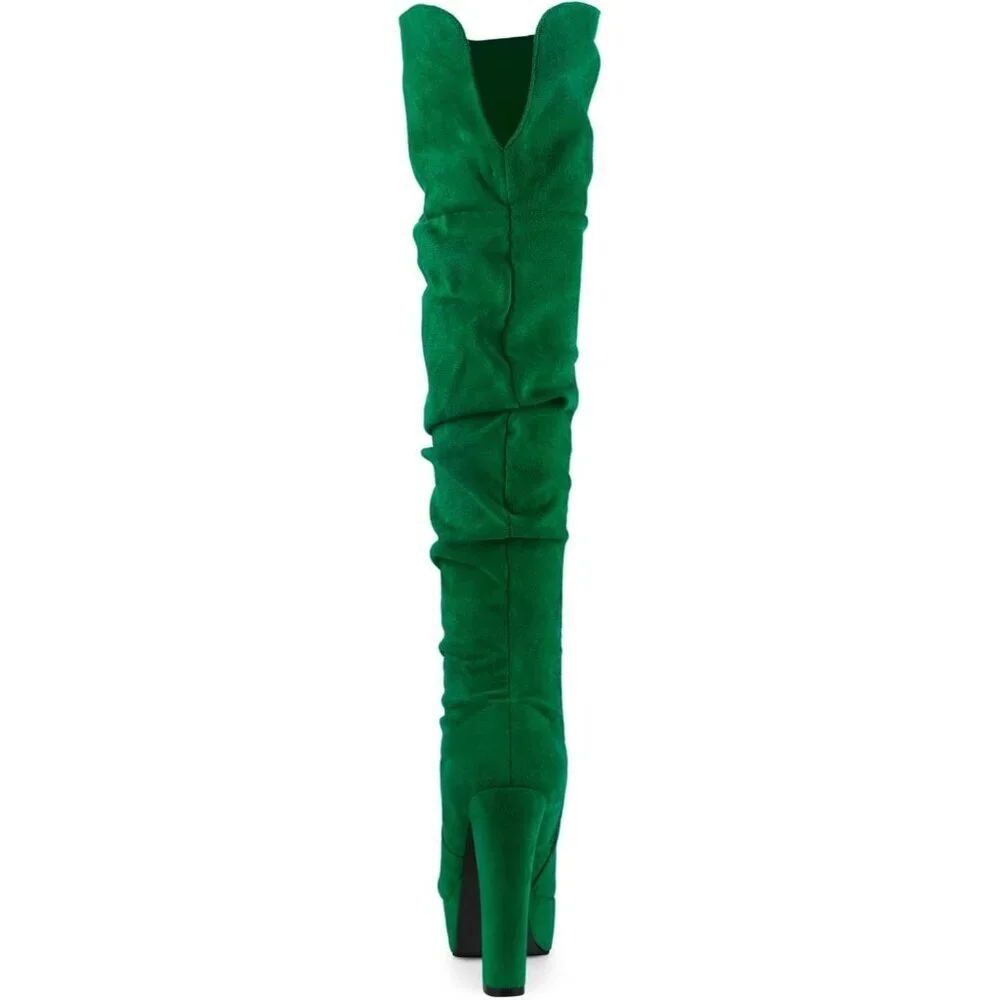 Women Green Platform Round Toe Zipper Slouch Heel Over the Knee Thigh High Boot